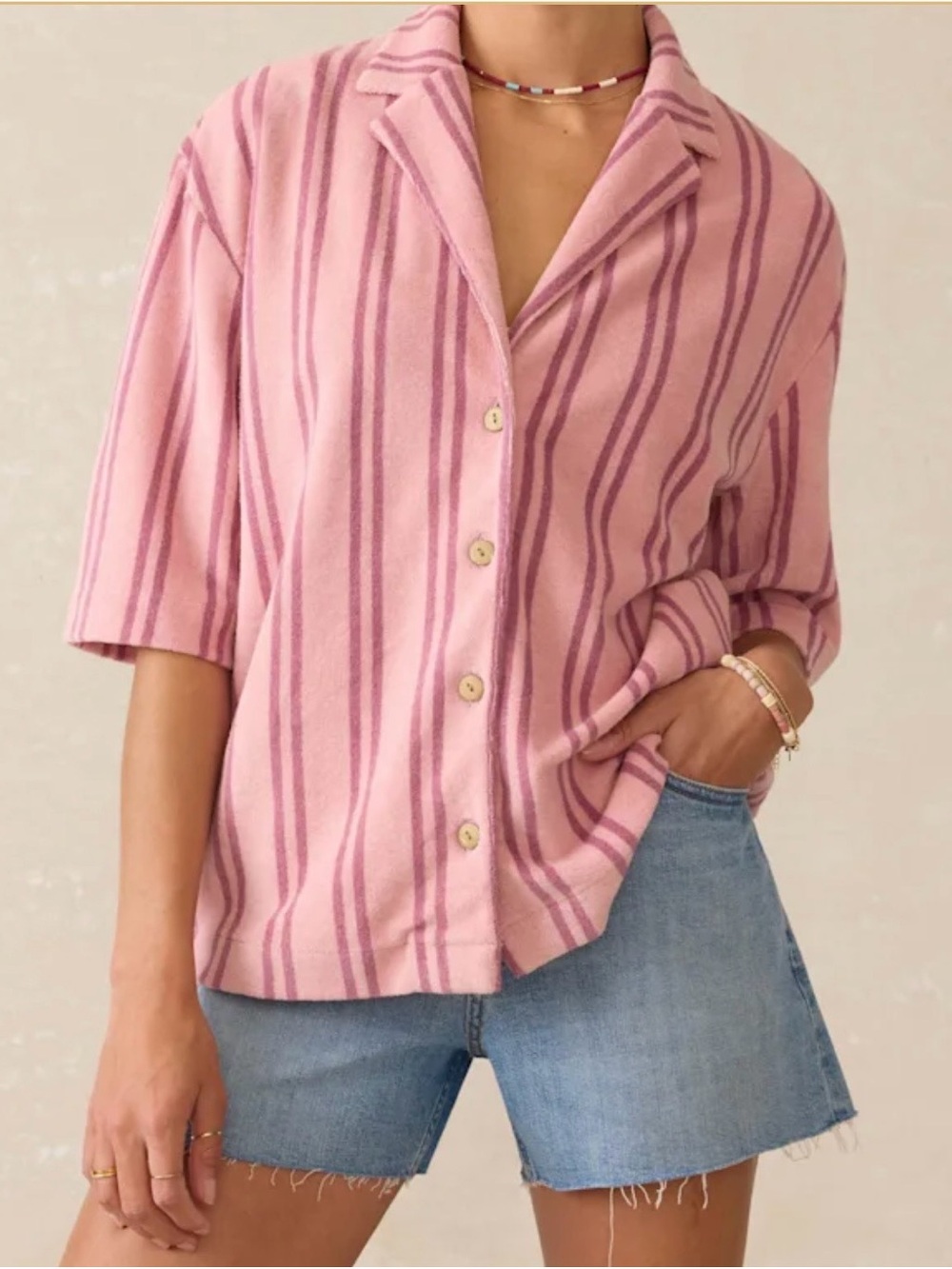 Faherty Cabana Towel Terry Camp Shirt Womens Small Pink Orchid Lines Striped NEW